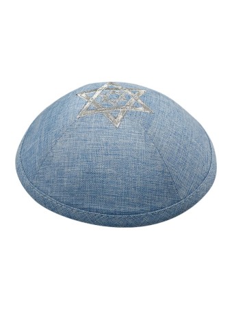 כיפה ירמולה בד פשתן כחול עם כפול כסף... | כיפה פשתן